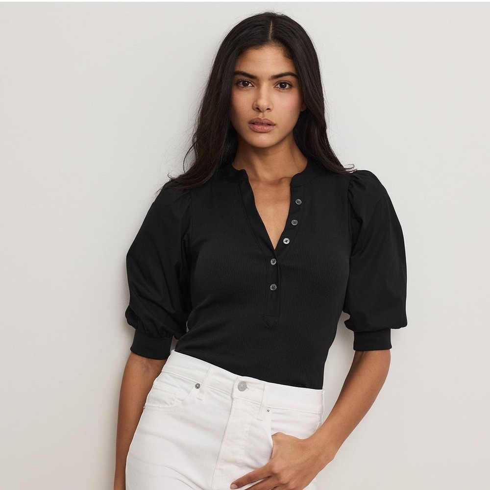 Veronica Beard Coralee Black Ribbed Knit Puff Sleeve Henley Top Blouse
